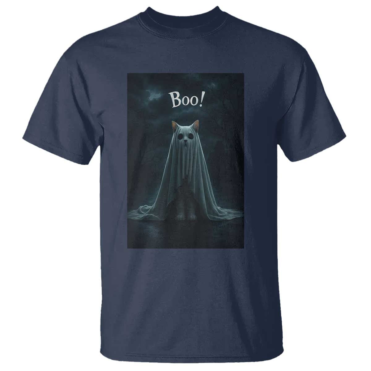 Cat Halloween T Shirt Spooky Season Ghost Kitten Haunted Mansion TS10 Navy Print Your Wear
