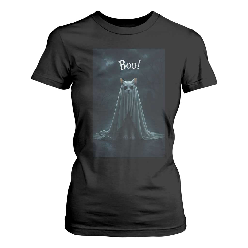 Cat Halloween T Shirt For Women Spooky Season Ghost Kitten Haunted Mansion TS10 Black Print Your Wear