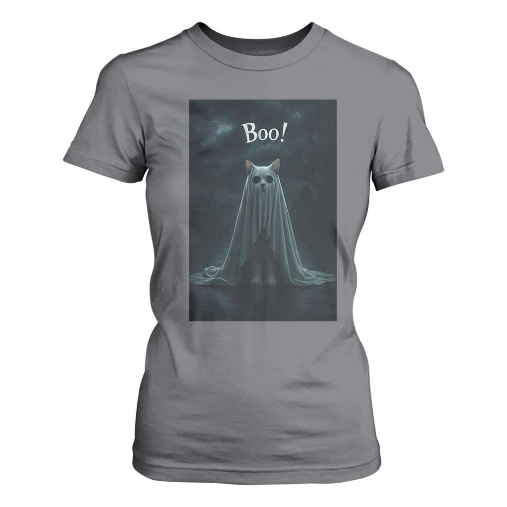 Cat Halloween T Shirt For Women Spooky Season Ghost Kitten Haunted Mansion TS10 Charcoal Print Your Wear