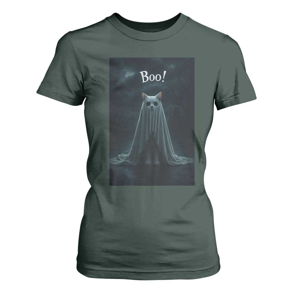 Cat Halloween T Shirt For Women Spooky Season Ghost Kitten Haunted Mansion TS10 Dark Forest Green Print Your Wear