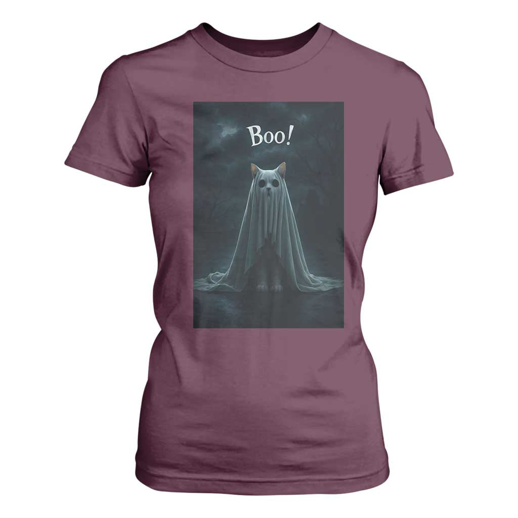 Cat Halloween T Shirt For Women Spooky Season Ghost Kitten Haunted Mansion TS10 Maroon Print Your Wear