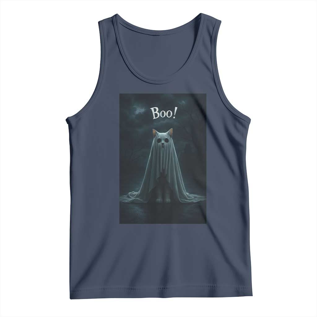 Cat Halloween Tank Top Spooky Season Ghost Kitten Haunted Mansion TS10 Navy Print Your Wear