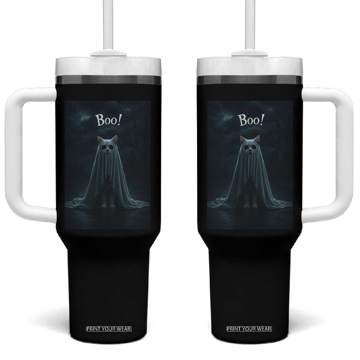 Cat Halloween Tumbler With Handle Spooky Season Ghost Kitten Haunted Mansion TS10 One Size: 40 oz Black Print Your Wear