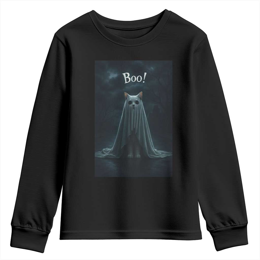 Cat Halloween Youth Sweatshirt Spooky Season Ghost Kitten Haunted Mansion TS10 Black Print Your Wear