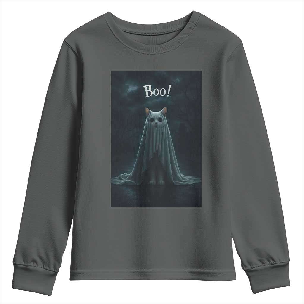 Cat Halloween Youth Sweatshirt Spooky Season Ghost Kitten Haunted Mansion TS10 Dark Heather Print Your Wear