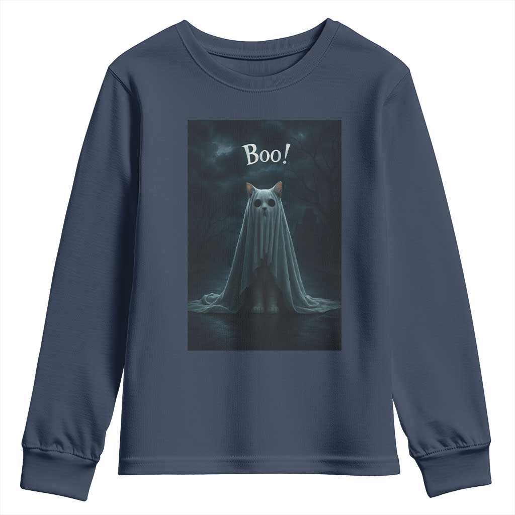 Cat Halloween Youth Sweatshirt Spooky Season Ghost Kitten Haunted Mansion TS10 Navy Print Your Wear
