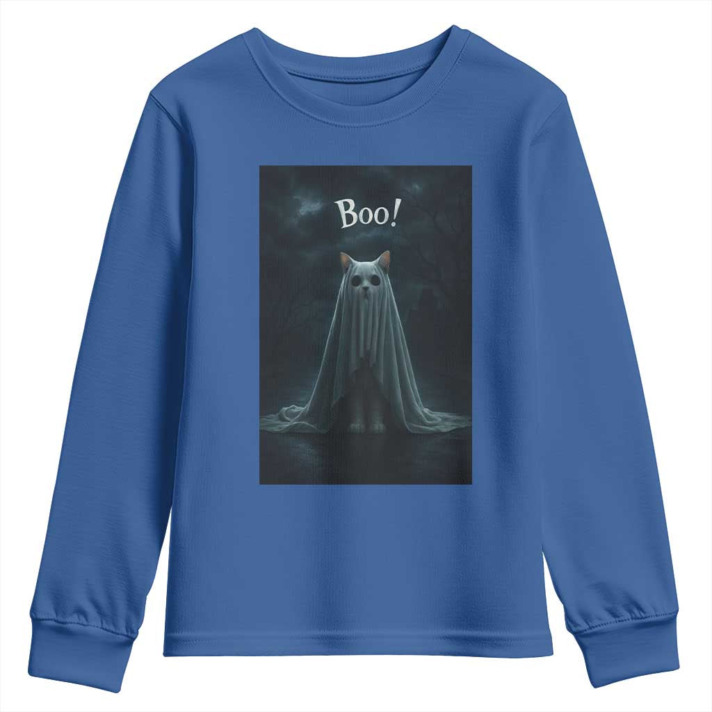 Cat Halloween Youth Sweatshirt Spooky Season Ghost Kitten Haunted Mansion TS10 Royal Blue Print Your Wear