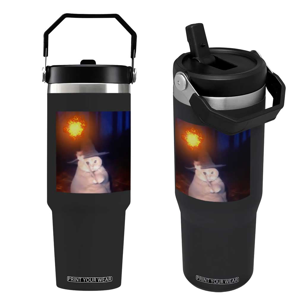 Wizard Cat Flip Straw Tumbler Weird Funny Retro Halloween Orange Cat Meme TS10 One Size: 30 oz Black Print Your Wear
