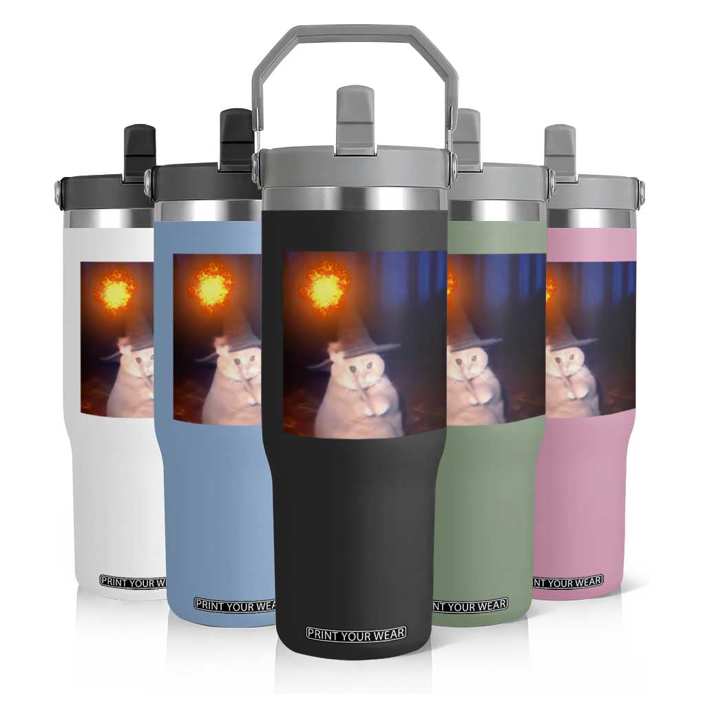 Wizard Cat Flip Straw Tumbler Weird Funny Retro Halloween Orange Cat Meme TS10 Print Your Wear
