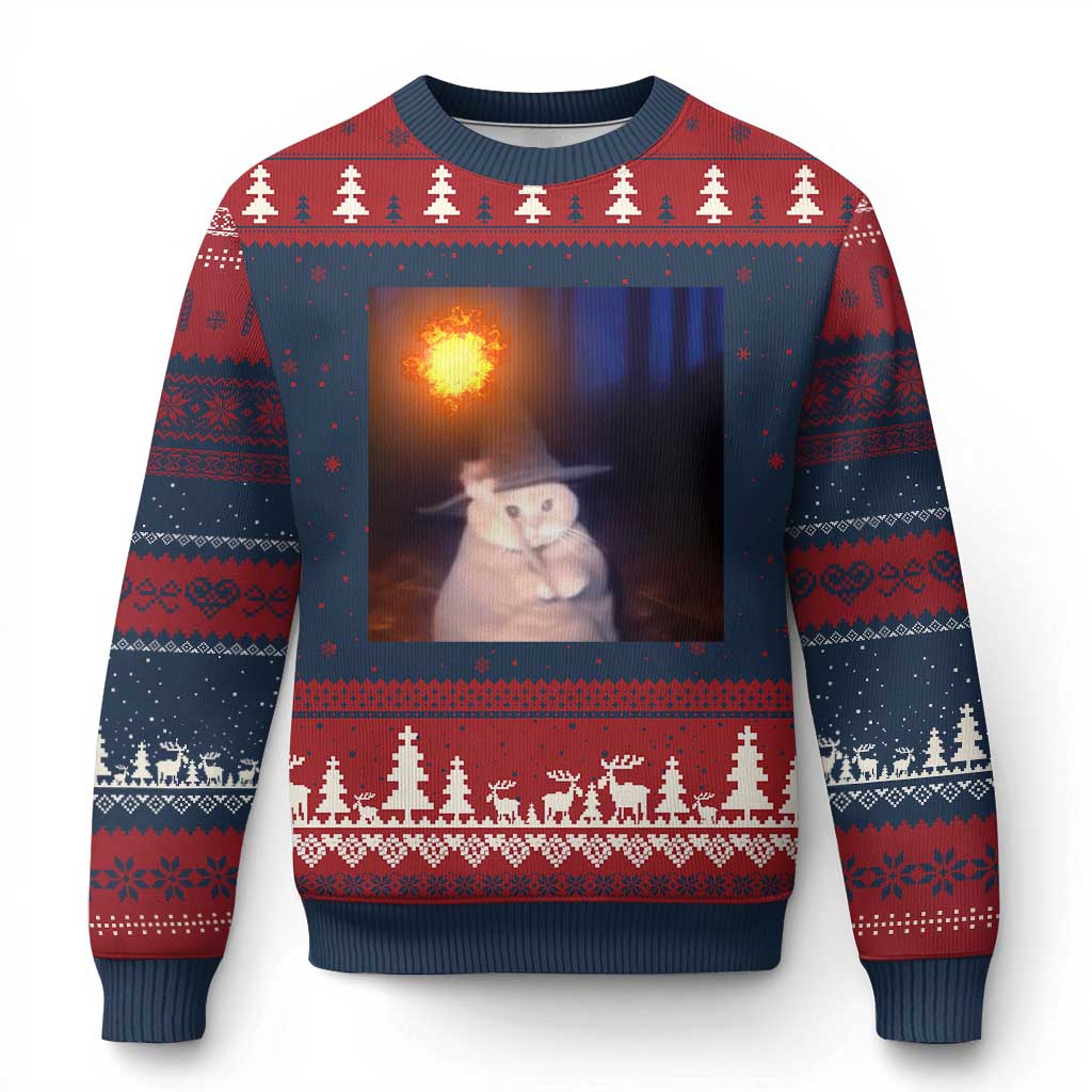 Wizard Cat Ugly Christmas Sweater Weird Funny Retro Halloween Orange Cat Meme TS10 Navy Red Print Your Wear