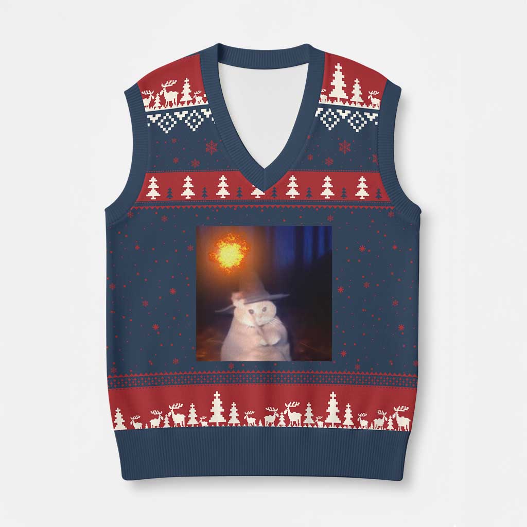 Wizard Cat V-Neck Knit Sweater Vest Weird Funny Retro Halloween Orange Cat Meme TS10 Navy Red Print Your Wear