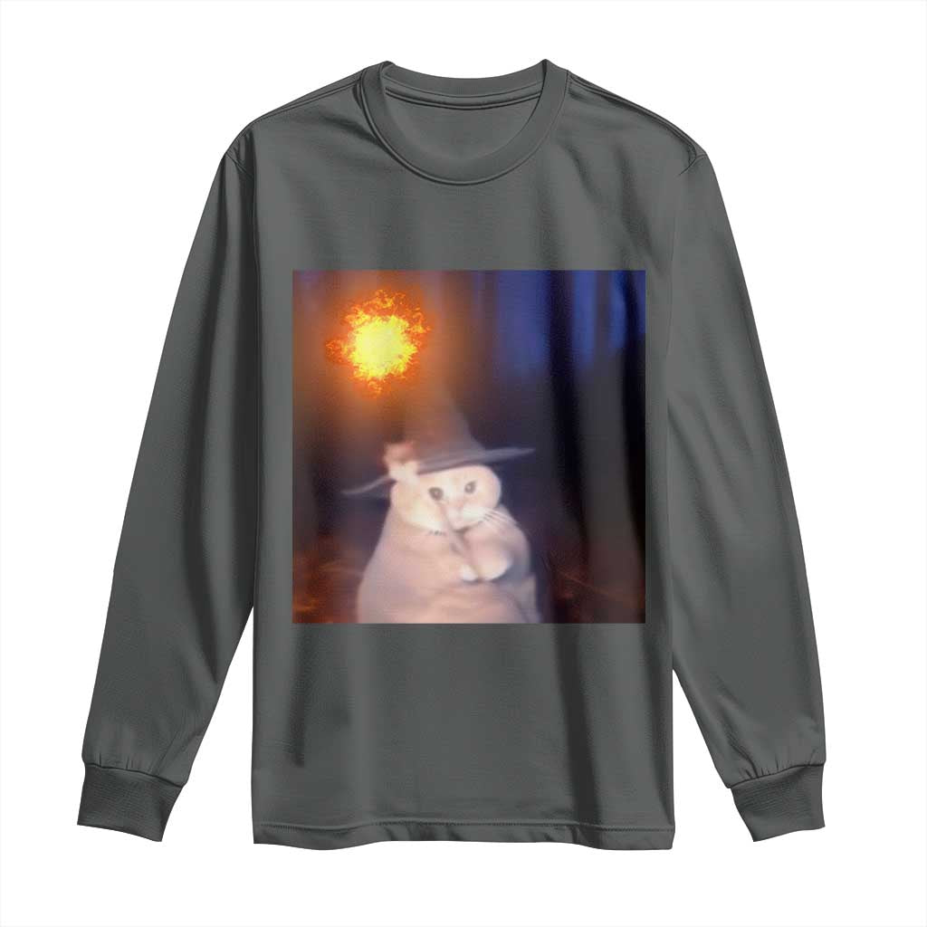 Wizard Cat Long Sleeve Shirt Weird Funny Retro Halloween Orange Cat Meme TS10 Dark Heather Print Your Wear