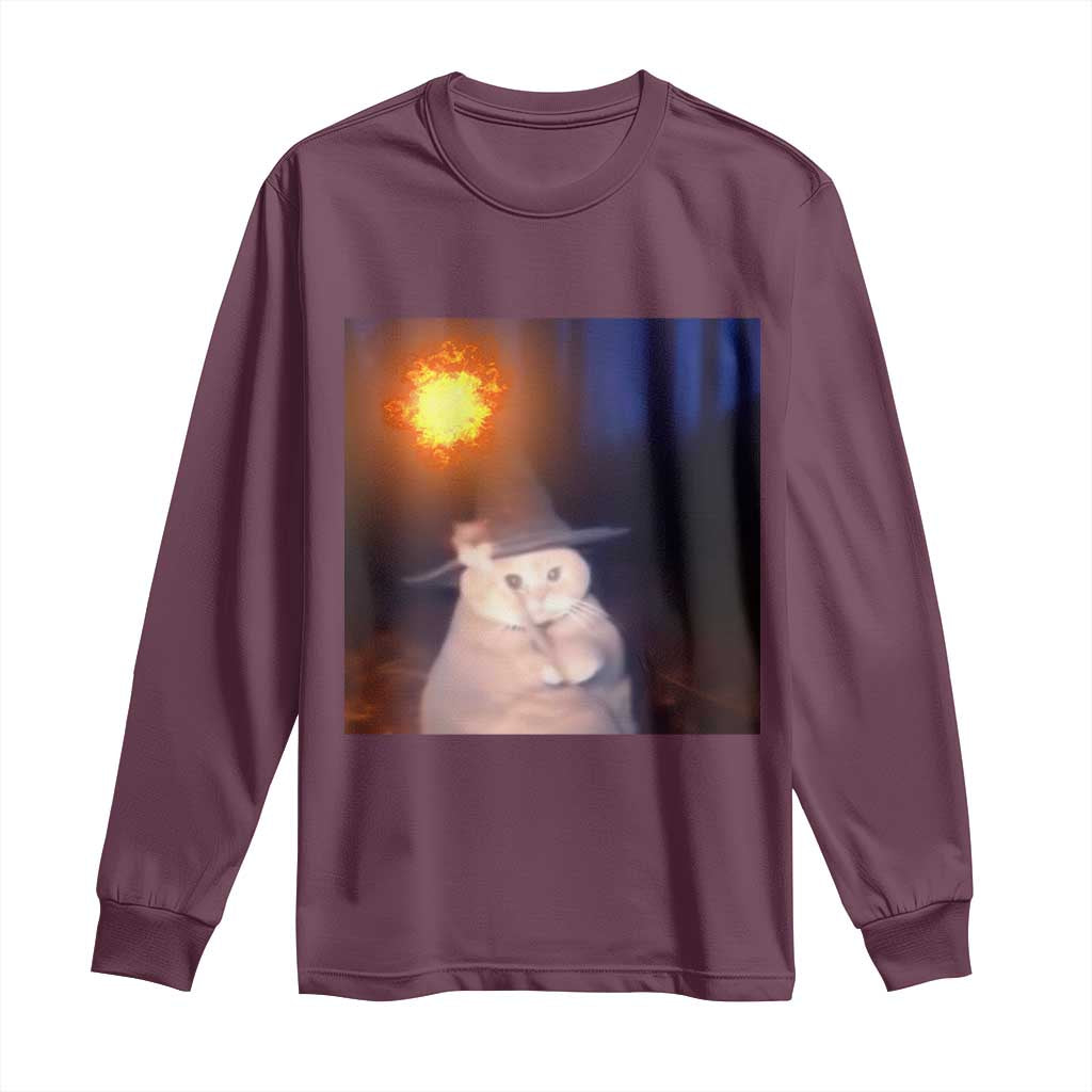 Wizard Cat Long Sleeve Shirt Weird Funny Retro Halloween Orange Cat Meme TS10 Maroon Print Your Wear