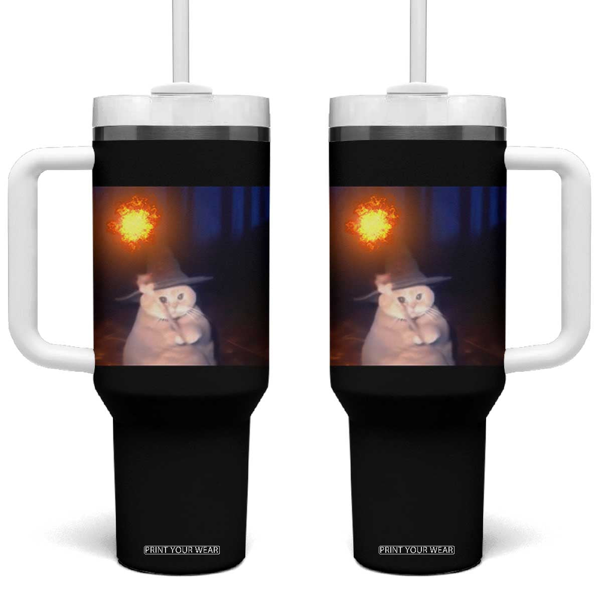 Wizard Cat Tumbler With Handle Weird Funny Retro Halloween Orange Cat Meme TS10 One Size: 40 oz Black Print Your Wear