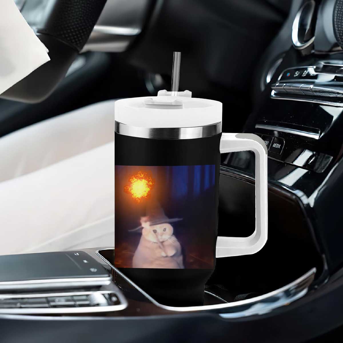 Wizard Cat Tumbler With Handle Weird Funny Retro Halloween Orange Cat Meme TS10 Print Your Wear