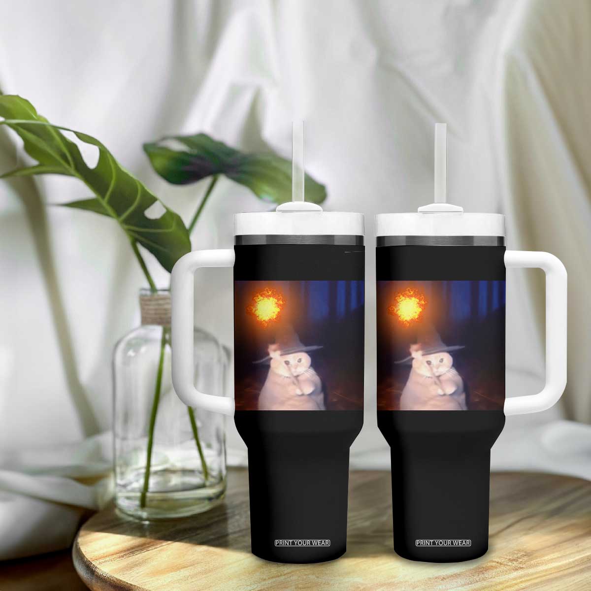 Wizard Cat Tumbler With Handle Weird Funny Retro Halloween Orange Cat Meme TS10 Print Your Wear