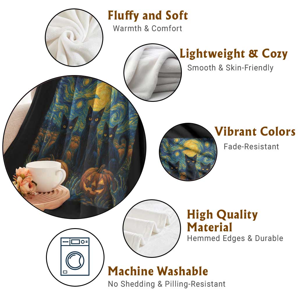 Cat Starry Night Throw Blanket Funny Cat Lover Gifts Halloween Van Gogh TS10 Print Your Wear
