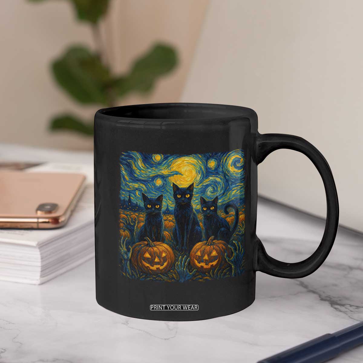 Cat Starry Night Coffee Mug Funny Cat Lover Gifts Halloween Van Gogh TS10 Print Your Wear