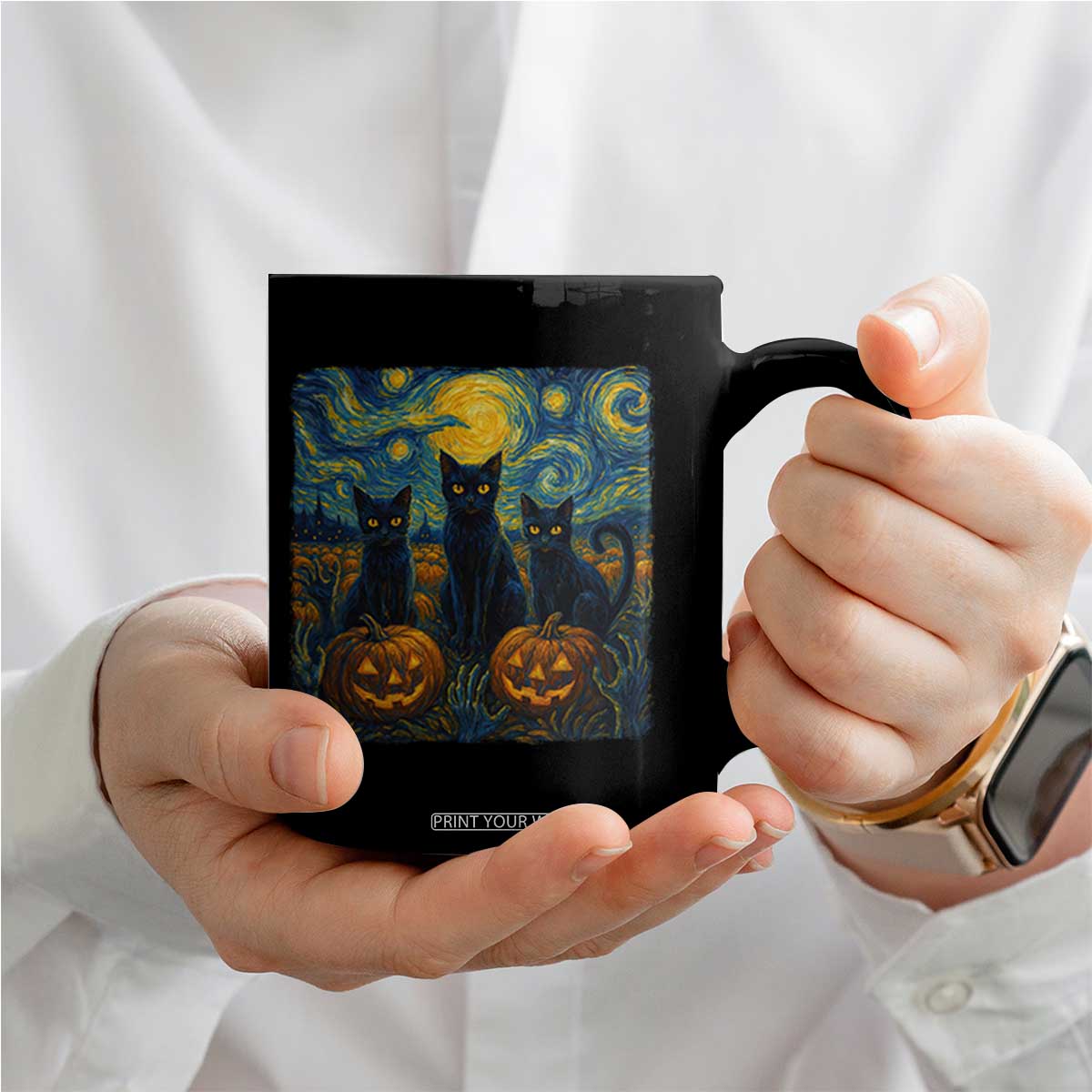 Cat Starry Night Coffee Mug Funny Cat Lover Gifts Halloween Van Gogh TS10 Print Your Wear