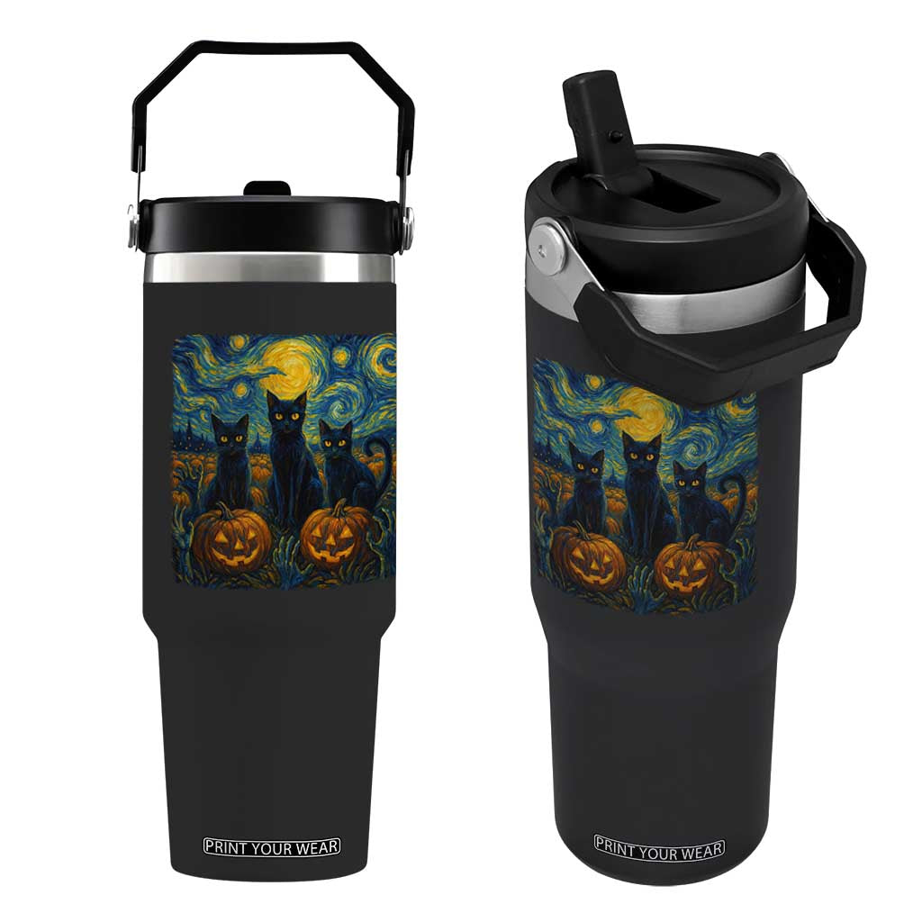 Cat Starry Night Flip Straw Tumbler Funny Cat Lover Gifts Halloween Van Gogh TS10 One Size: 30 oz Black Print Your Wear