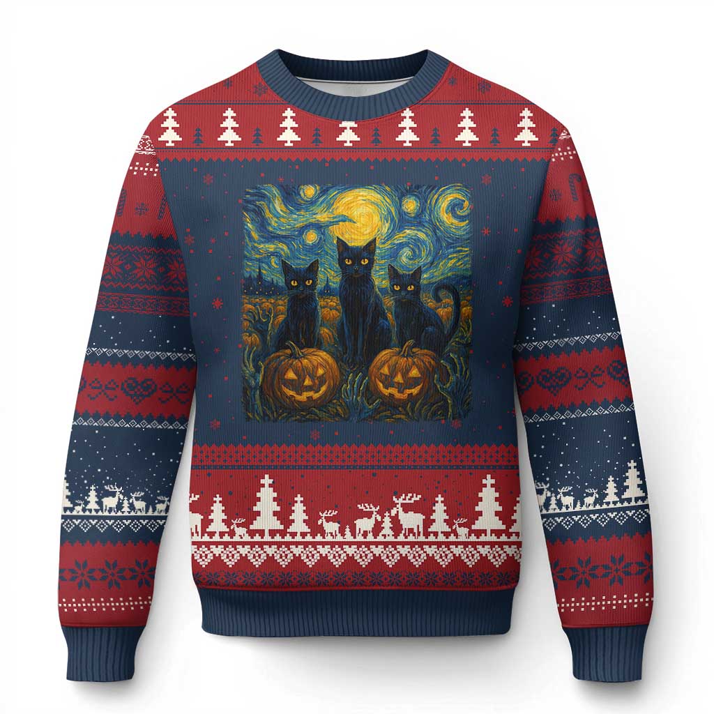 Cat Starry Night Ugly Christmas Sweater Funny Cat Lover Gifts Halloween Van Gogh TS10 Navy Red Print Your Wear
