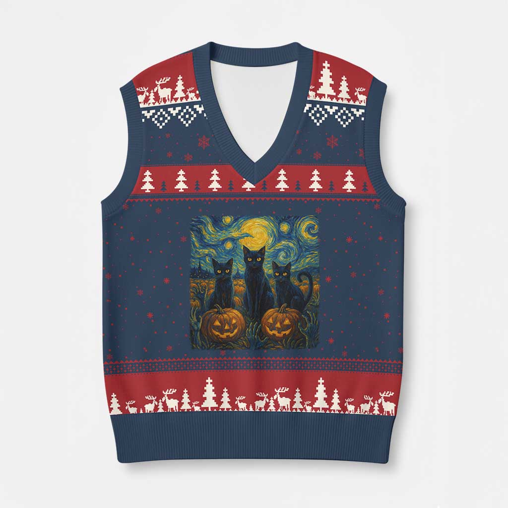 Cat Starry Night V-Neck Knit Sweater Vest Funny Cat Lover Gifts Halloween Van Gogh TS10 Navy Red Print Your Wear