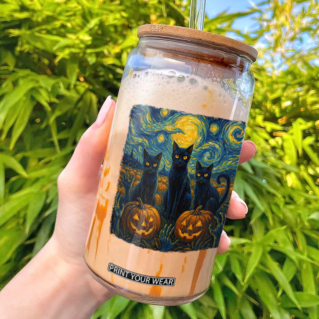 Cat Starry Night Glass Can Funny Cat Lover Gifts Halloween Van Gogh TS10 Black Print Your Wear