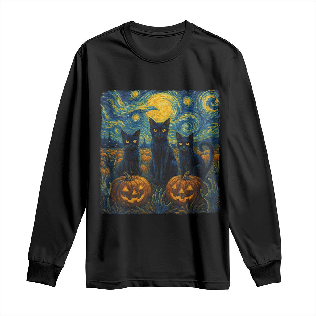 Cat Starry Night Long Sleeve Shirt Funny Cat Lover Gifts Halloween Van Gogh TS10 Black Print Your Wear
