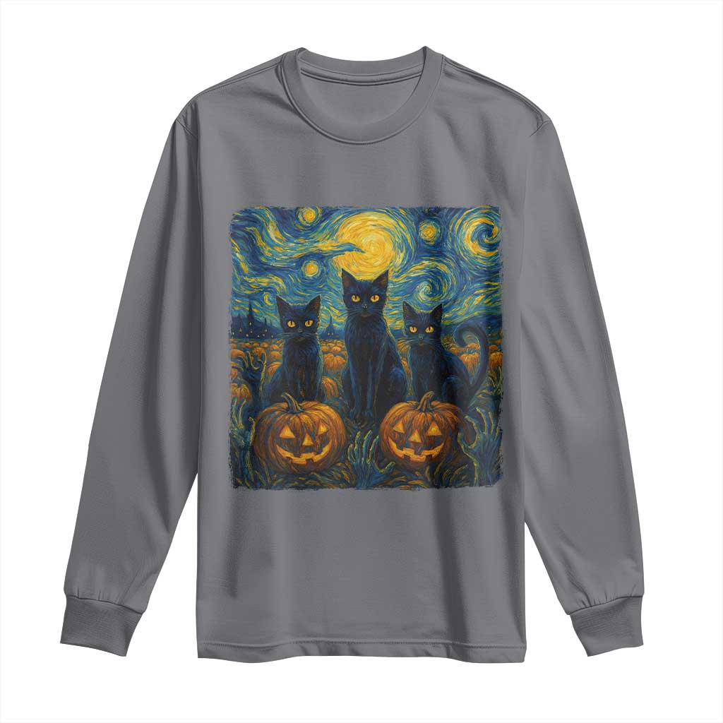 Cat Starry Night Long Sleeve Shirt Funny Cat Lover Gifts Halloween Van Gogh TS10 Charcoal Print Your Wear