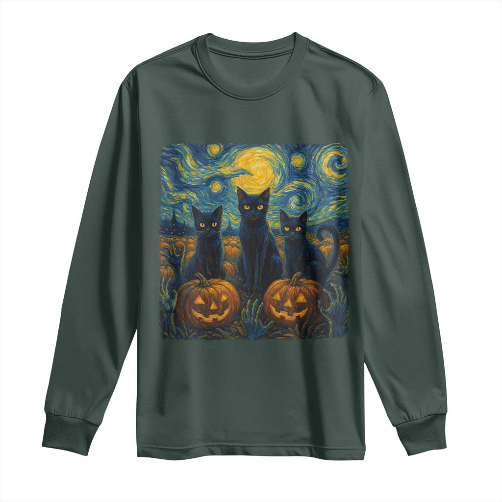 Cat Starry Night Long Sleeve Shirt Funny Cat Lover Gifts Halloween Van Gogh TS10 Dark Forest Green Print Your Wear