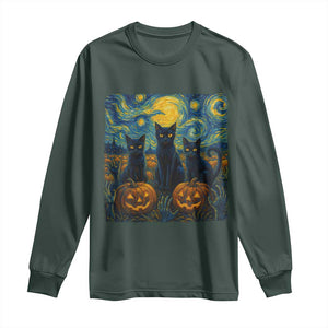Cat Starry Night Long Sleeve Shirt Funny Cat Lover Gifts Halloween Van Gogh TS10 Dark Forest Green Print Your Wear