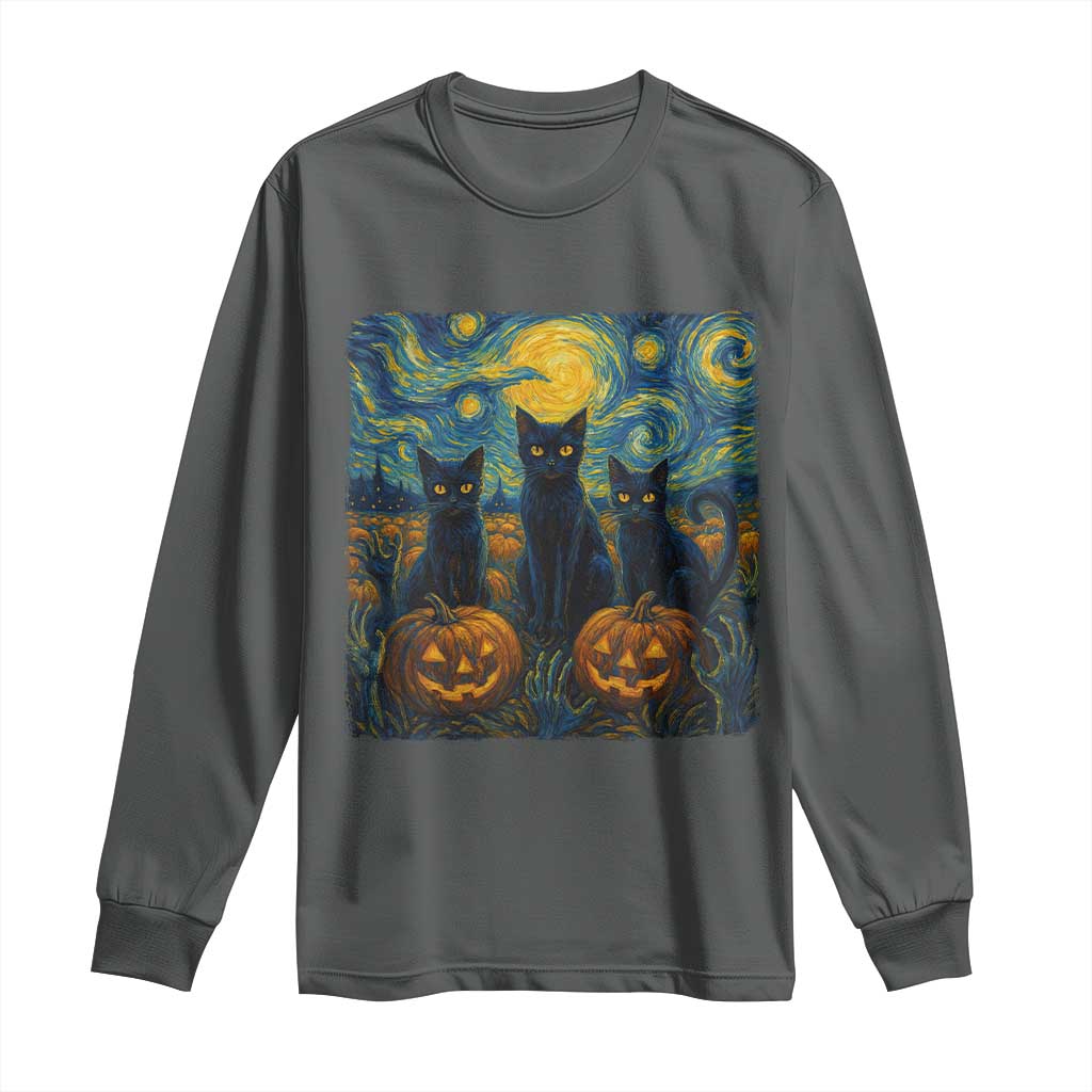 Cat Starry Night Long Sleeve Shirt Funny Cat Lover Gifts Halloween Van Gogh TS10 Dark Heather Print Your Wear