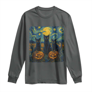Cat Starry Night Long Sleeve Shirt Funny Cat Lover Gifts Halloween Van Gogh TS10 Dark Heather Print Your Wear
