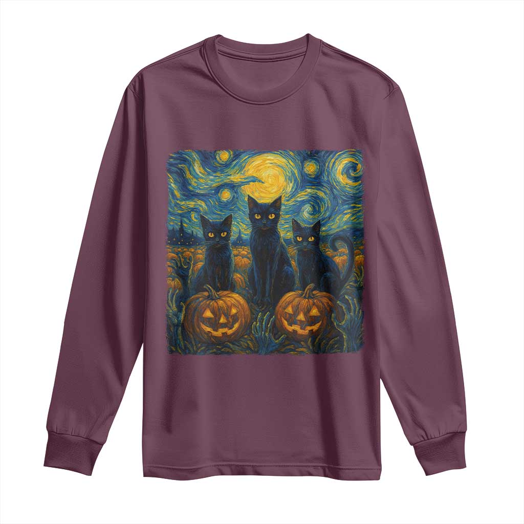 Cat Starry Night Long Sleeve Shirt Funny Cat Lover Gifts Halloween Van Gogh TS10 Maroon Print Your Wear