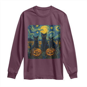 Cat Starry Night Long Sleeve Shirt Funny Cat Lover Gifts Halloween Van Gogh TS10 Maroon Print Your Wear