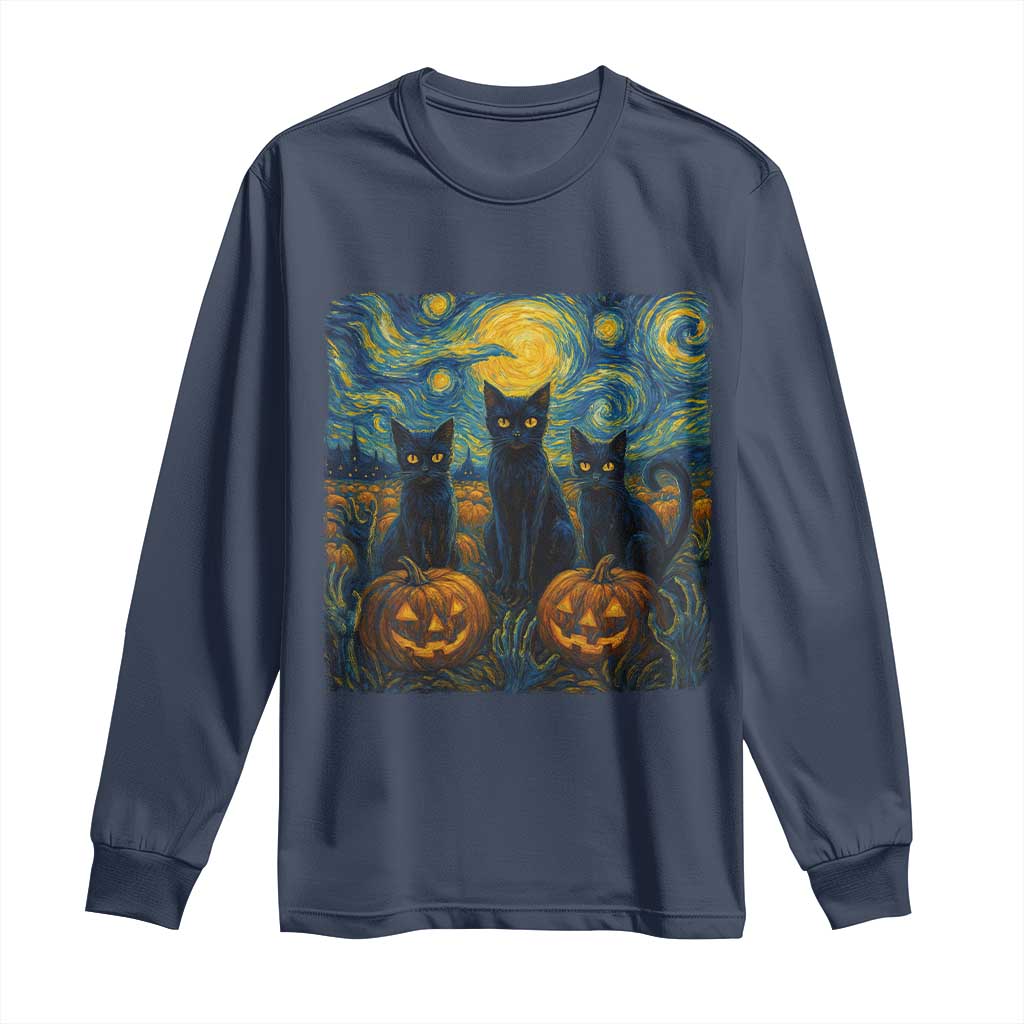 Cat Starry Night Long Sleeve Shirt Funny Cat Lover Gifts Halloween Van Gogh TS10 Navy Print Your Wear