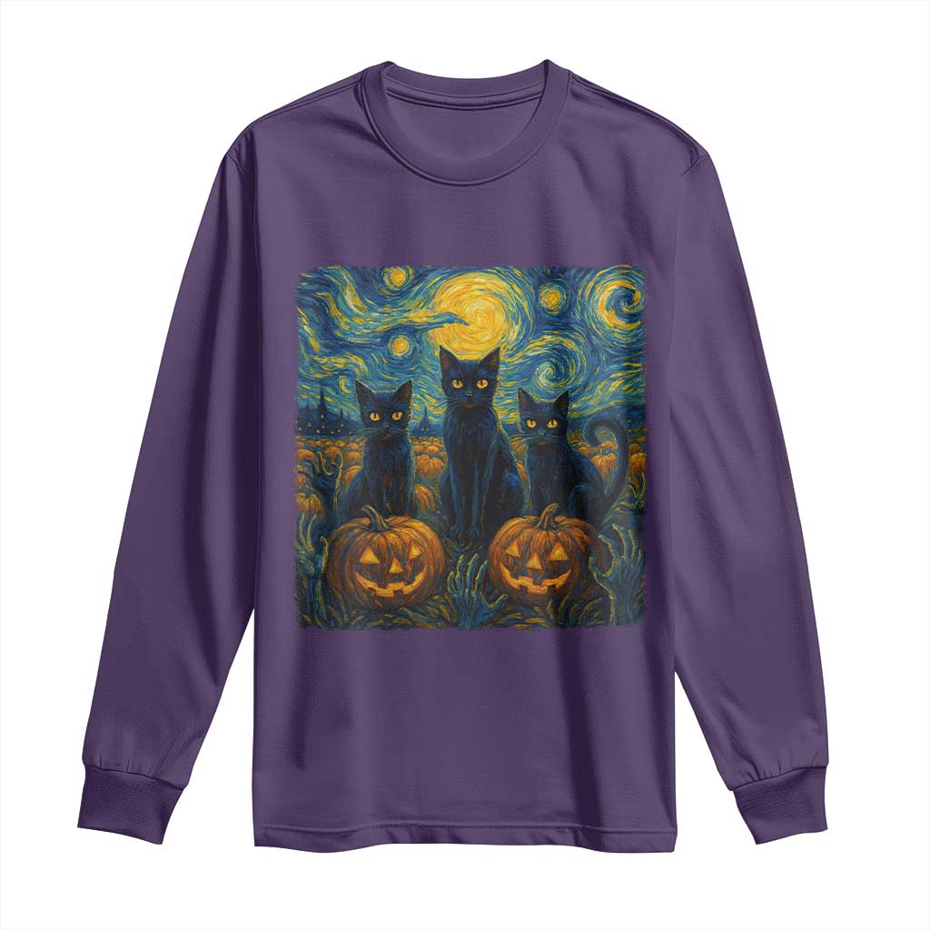 Cat Starry Night Long Sleeve Shirt Funny Cat Lover Gifts Halloween Van Gogh TS10 Purple Print Your Wear