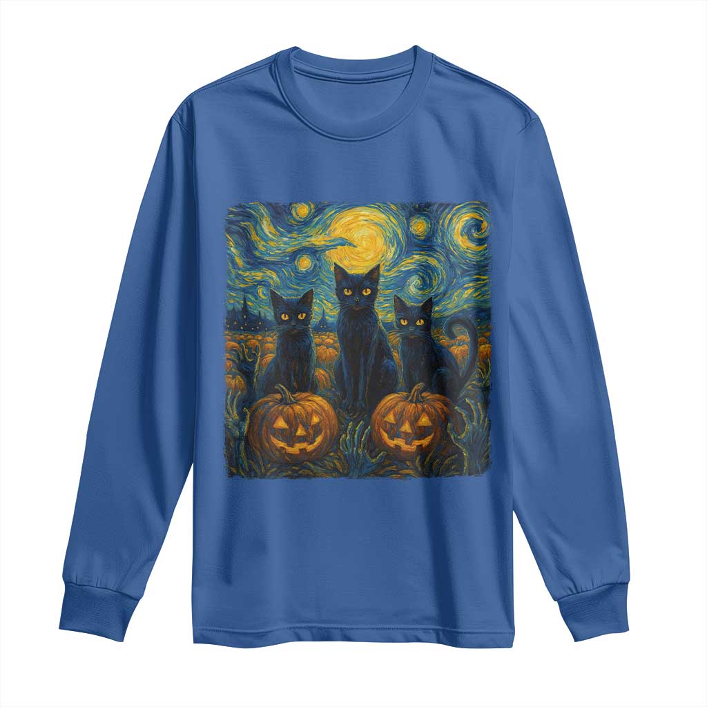 Cat Starry Night Long Sleeve Shirt Funny Cat Lover Gifts Halloween Van Gogh TS10 Royal Blue Print Your Wear