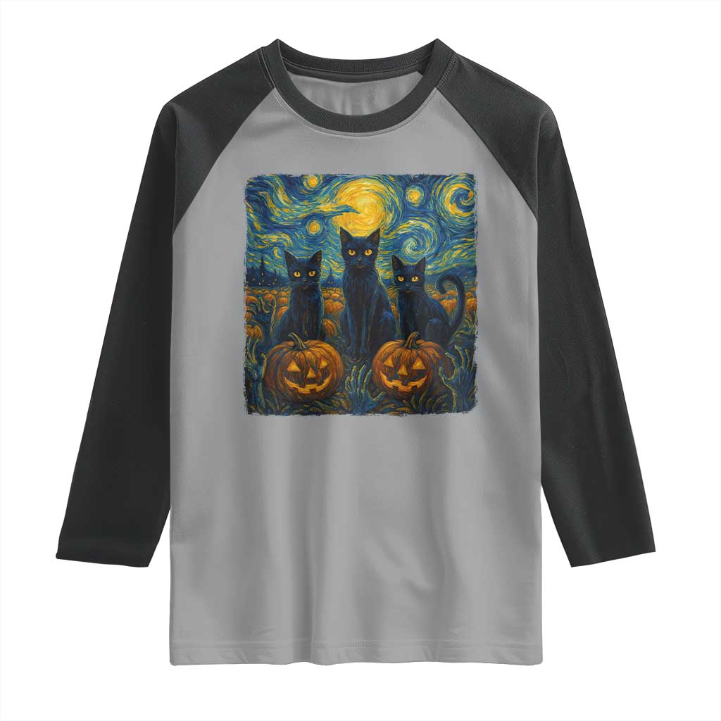 Cat Starry Night Raglan Shirt Funny Cat Lover Gifts Halloween Van Gogh TS10 Sport Gray Black Print Your Wear
