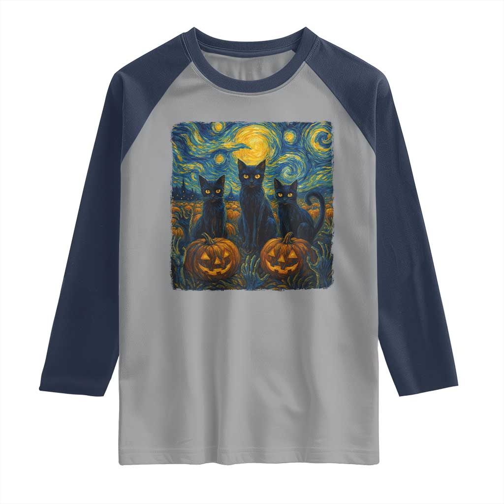 Cat Starry Night Raglan Shirt Funny Cat Lover Gifts Halloween Van Gogh TS10 Sport Gray Navy Print Your Wear