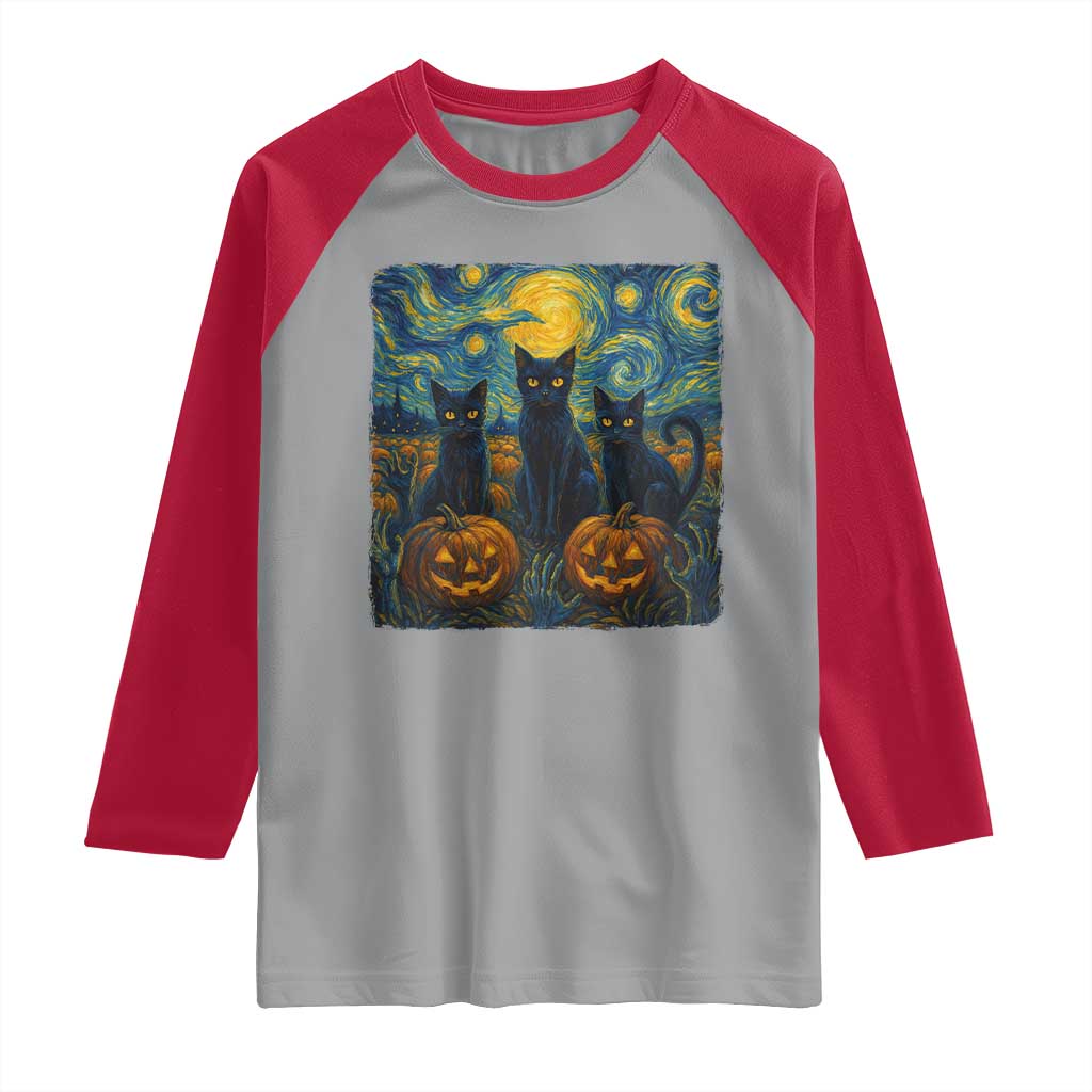 Cat Starry Night Raglan Shirt Funny Cat Lover Gifts Halloween Van Gogh TS10 Sport Gray Red Print Your Wear