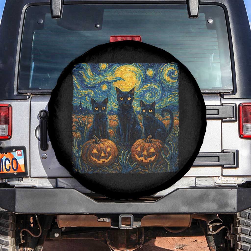 Cat Starry Night Spare Tire Cover Funny Cat Lover Gifts Halloween Van Gogh TS10 No hole Black Print Your Wear