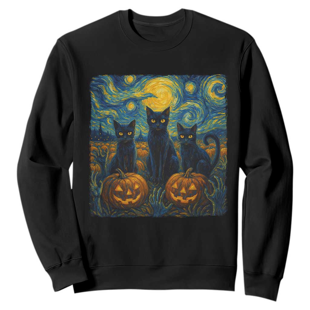 Cat Starry Night Sweatshirt Funny Cat Lover Gifts Halloween Van Gogh TS10 Black Print Your Wear