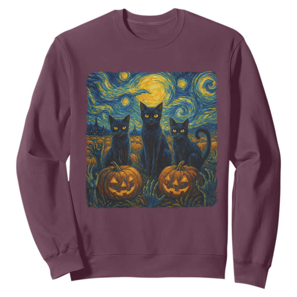 Cat Starry Night Sweatshirt Funny Cat Lover Gifts Halloween Van Gogh TS10 Maroon Print Your Wear