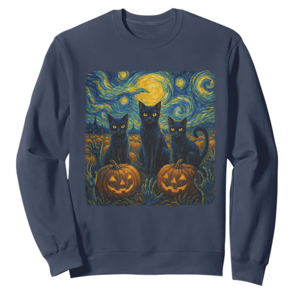 Cat Starry Night Sweatshirt Funny Cat Lover Gifts Halloween Van Gogh TS10 Navy Print Your Wear