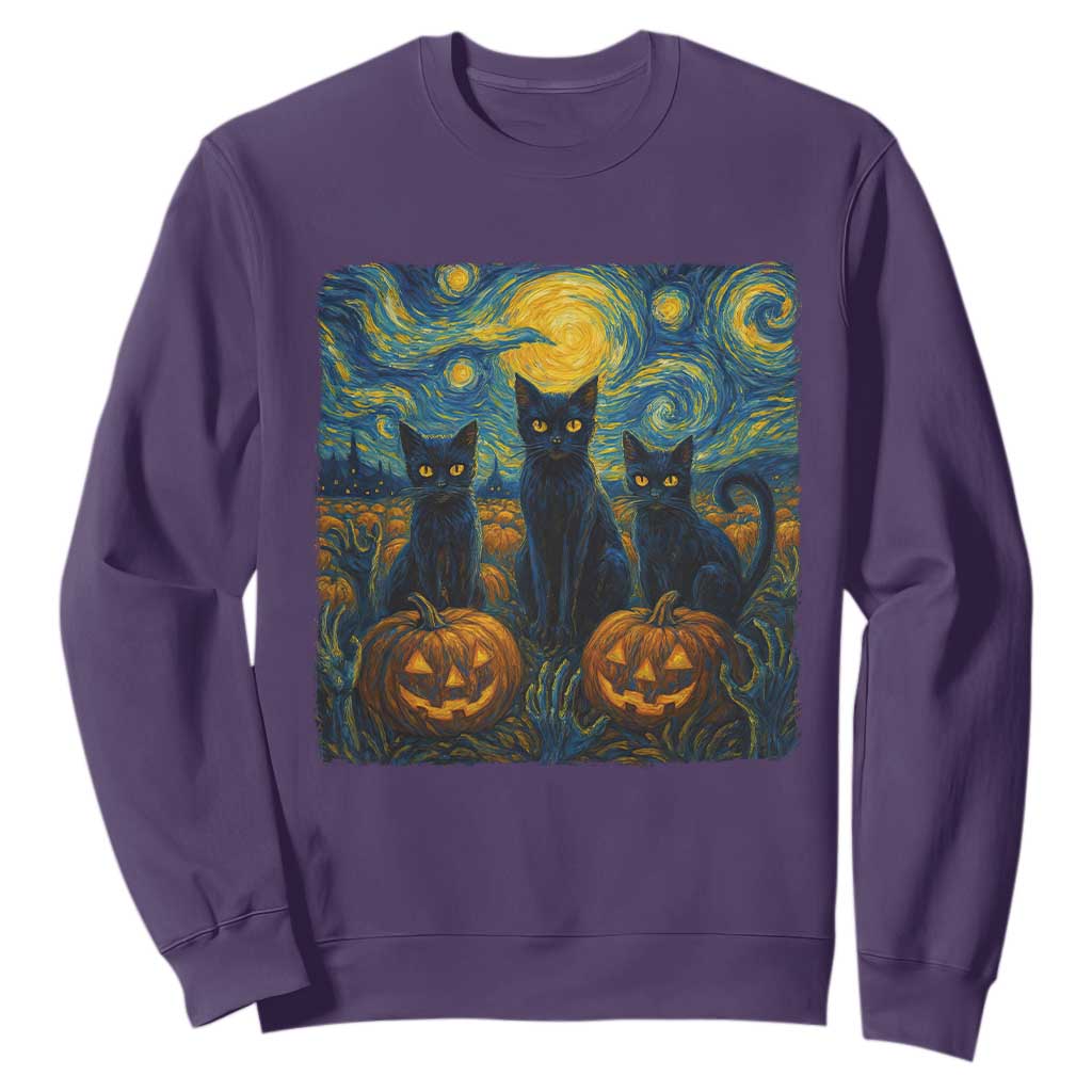Cat Starry Night Sweatshirt Funny Cat Lover Gifts Halloween Van Gogh TS10 Purple Print Your Wear