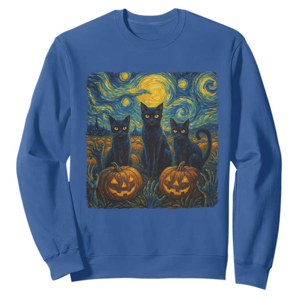 Cat Starry Night Sweatshirt Funny Cat Lover Gifts Halloween Van Gogh TS10 Royal Blue Print Your Wear