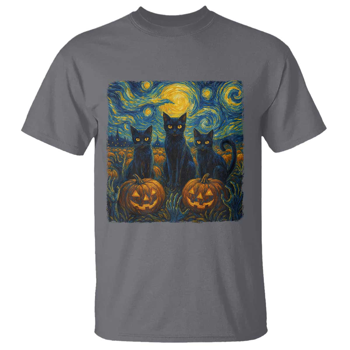 Cat Starry Night T Shirt Funny Cat Lover Gifts Halloween Van Gogh TS10 Charcoal Print Your Wear