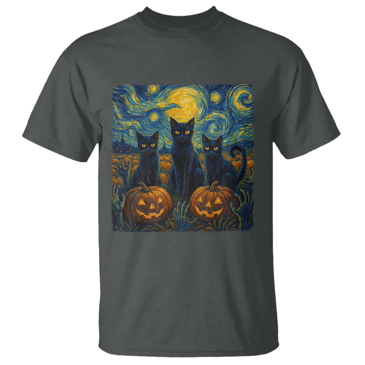 Cat Starry Night T Shirt Funny Cat Lover Gifts Halloween Van Gogh TS10 Dark Heather Print Your Wear
