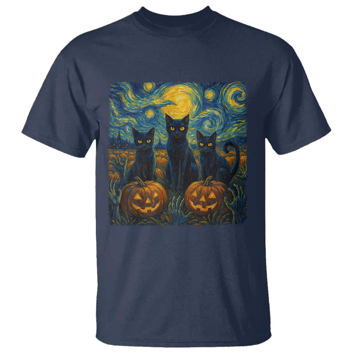 Cat Starry Night T Shirt Funny Cat Lover Gifts Halloween Van Gogh TS10 Navy Print Your Wear